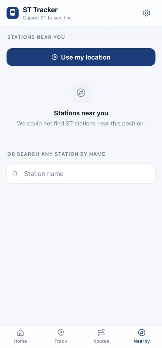 The Nearby screen: ST bus stations around your location, shown on a map with distances.