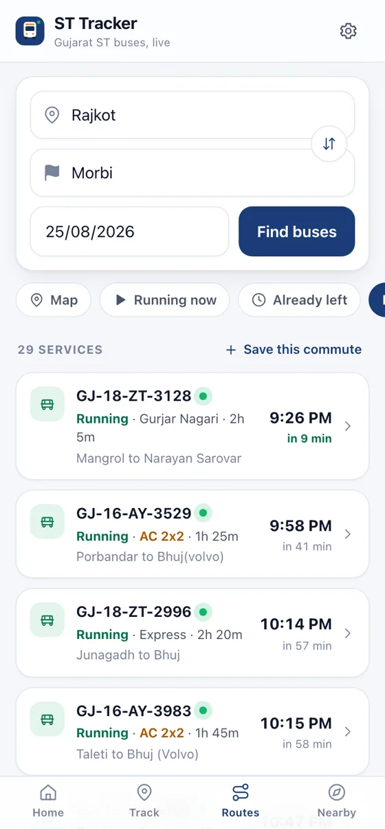The Routes screen: live GSRTC departures from Rajkot to Morbi with running status and countdowns.